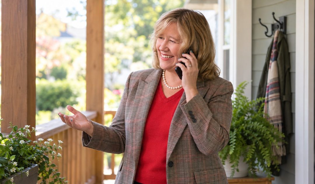 A mature woman calmly discusses a family boundary by phone while standing on a modest covered porch.