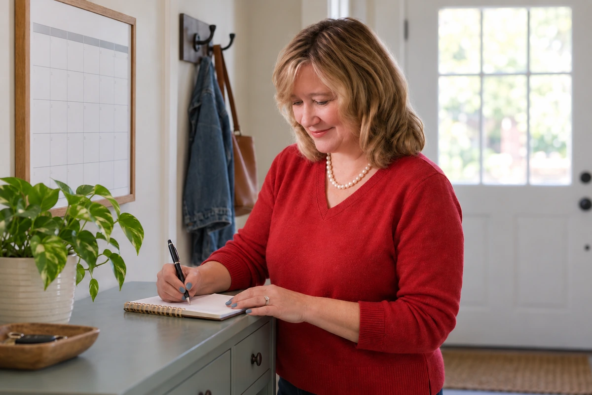 A woman writes in a notebook beside an ordinary household calendar.