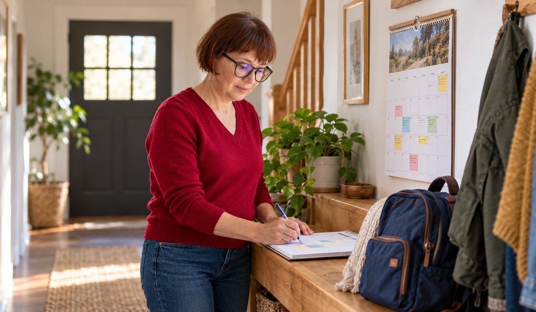 A woman with a short dark pixie haircut prepares a simple family schedule at home before talking to children about separation.