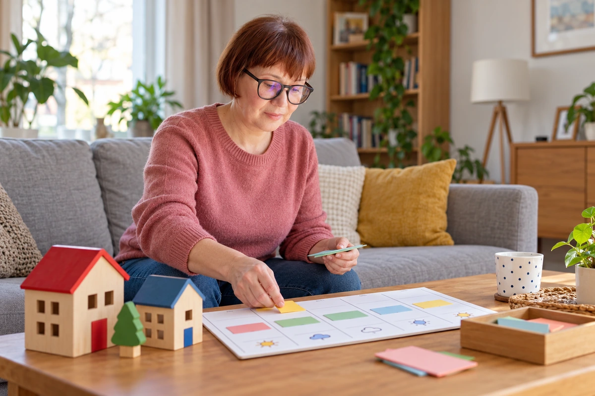 Woman preparing a child-friendly calendar beside two wooden toy houses
