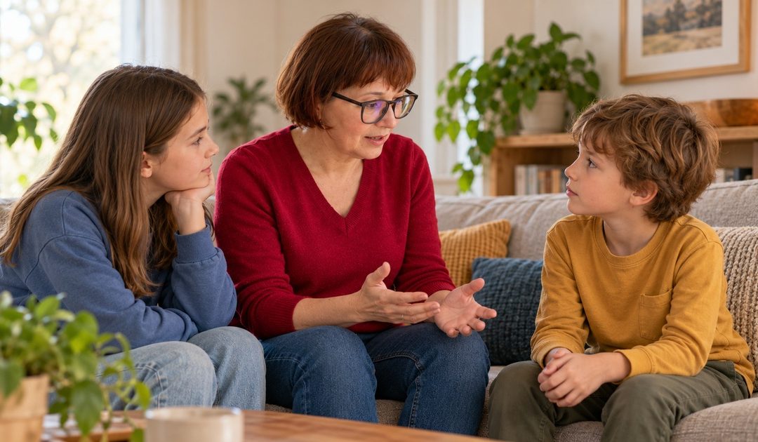 A woman in a red sweater speaks gently with two children while they sit together on a sofa.